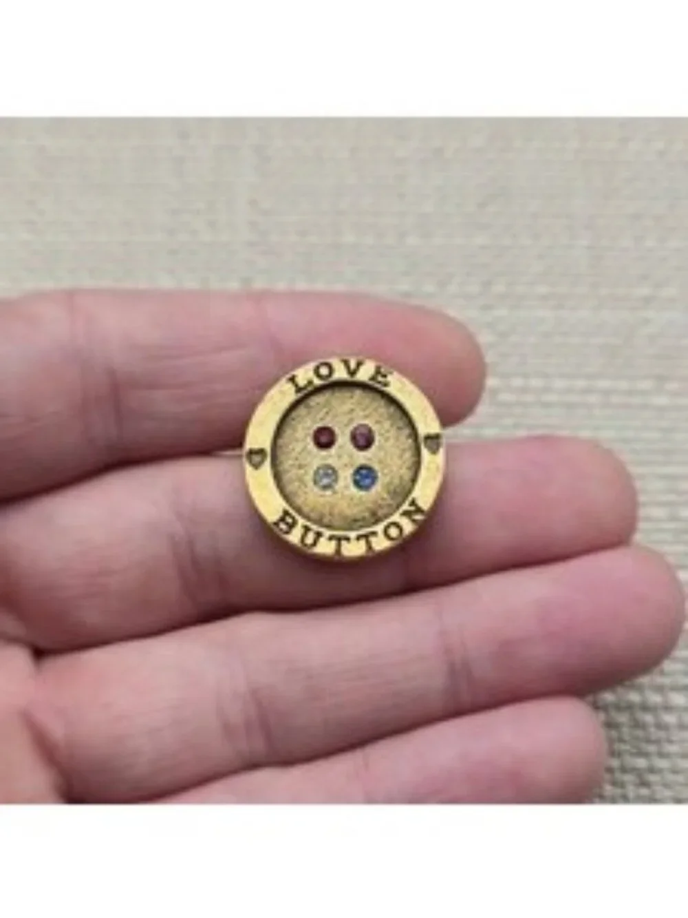 Vintage Gold Tone Love Button Rhinestone Gemstone Sewing Accent Lapel Pin A8340